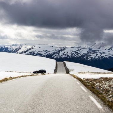 Snow-covered Norwegian road.