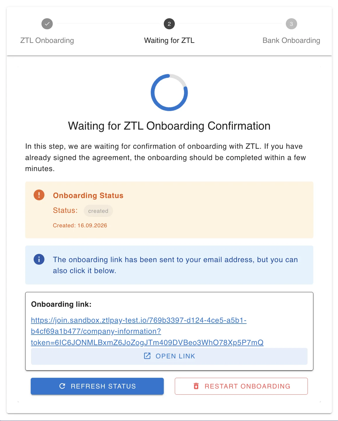 Waiting for ZTL Onboarding Confirmation - the onboarding link and the Open link button