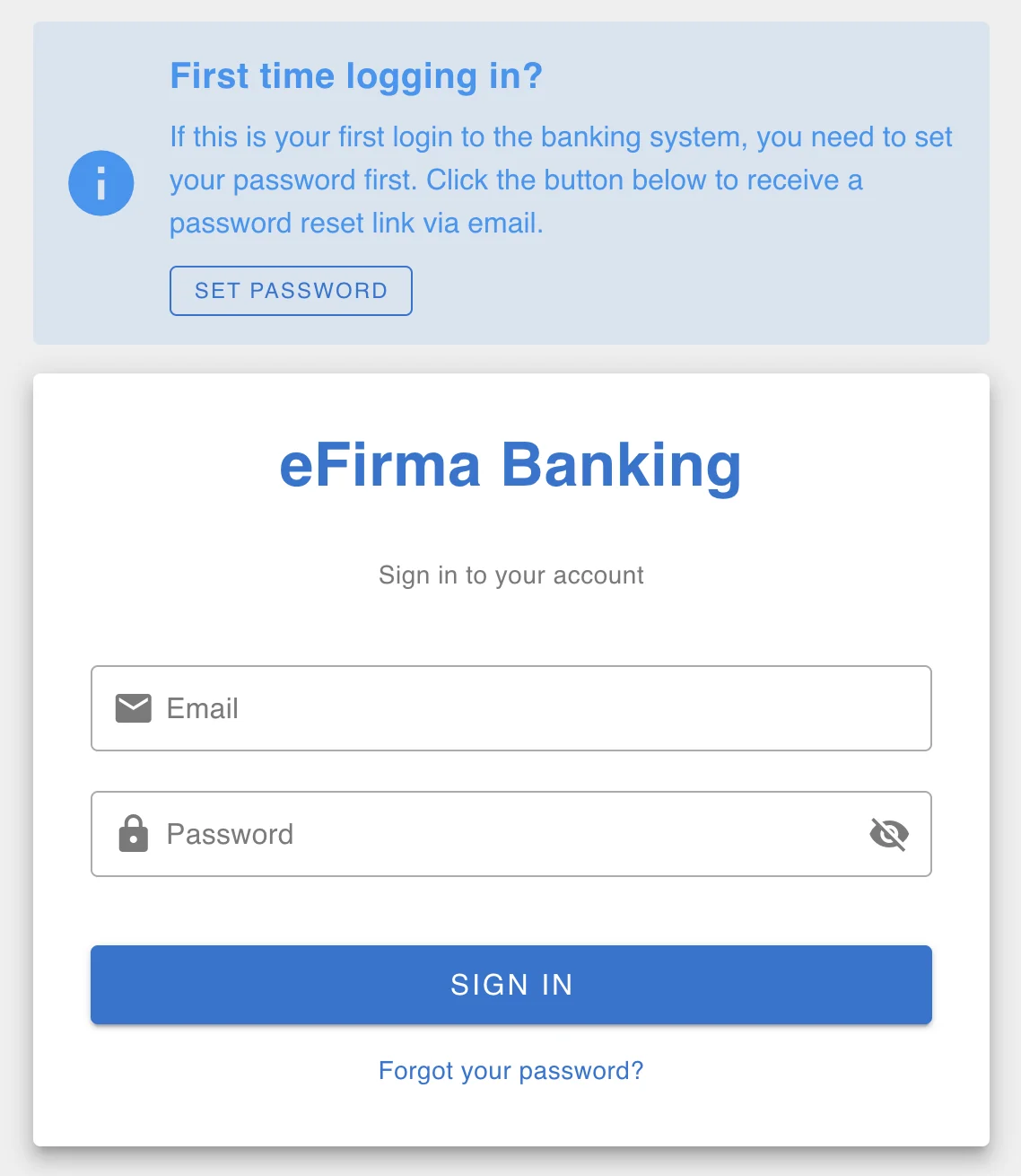 Efirma Banking login page with the Set password button