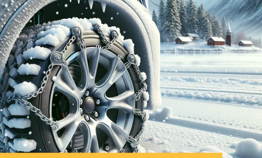 A close-up of a car tire with snow and chains on it.