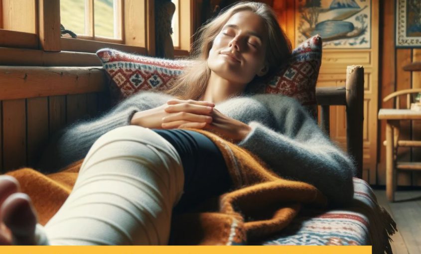 Osoba ze złamaną nogą, leżąca na kanapie w norweskim domku. Na twarzy widać spokój.